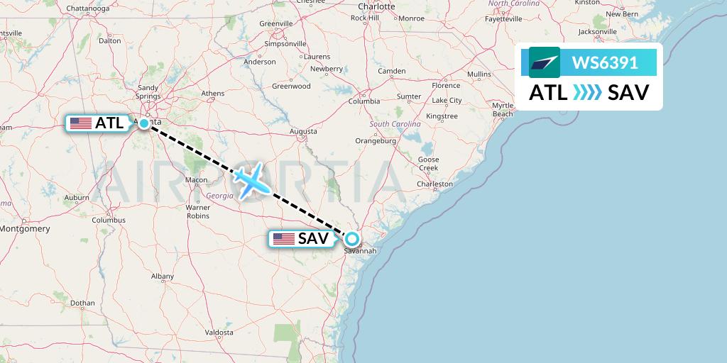 WS6391 WestJet Flight Map: Atlanta to Savannah