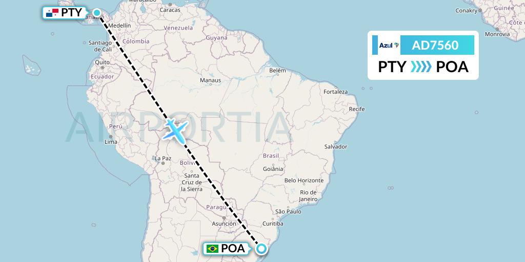 AD7560 Azul Brazilian Airlines Flight Map: Panama City to Porto Alegre
