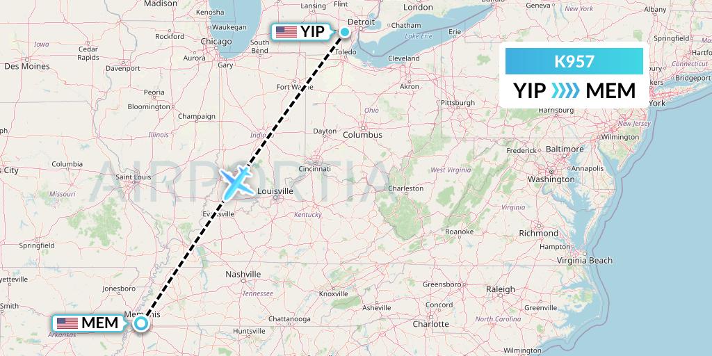 K957 Kalitta Charters Flight Map: Detroit to Memphis