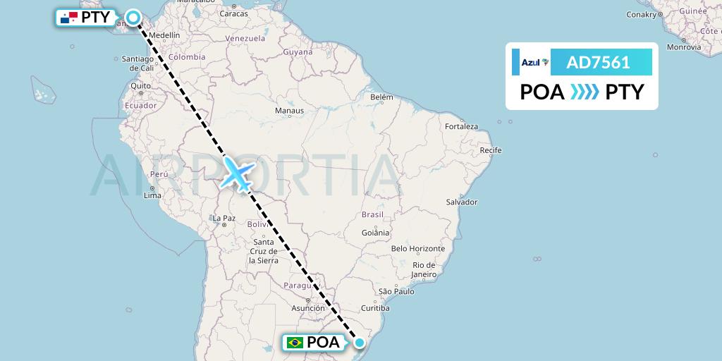 AD7561 Azul Brazilian Airlines Flight Map: Porto Alegre to Panama City
