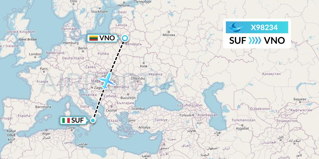 X98234 Avion Express Flight Map: Lamezia Terme to Vilnius