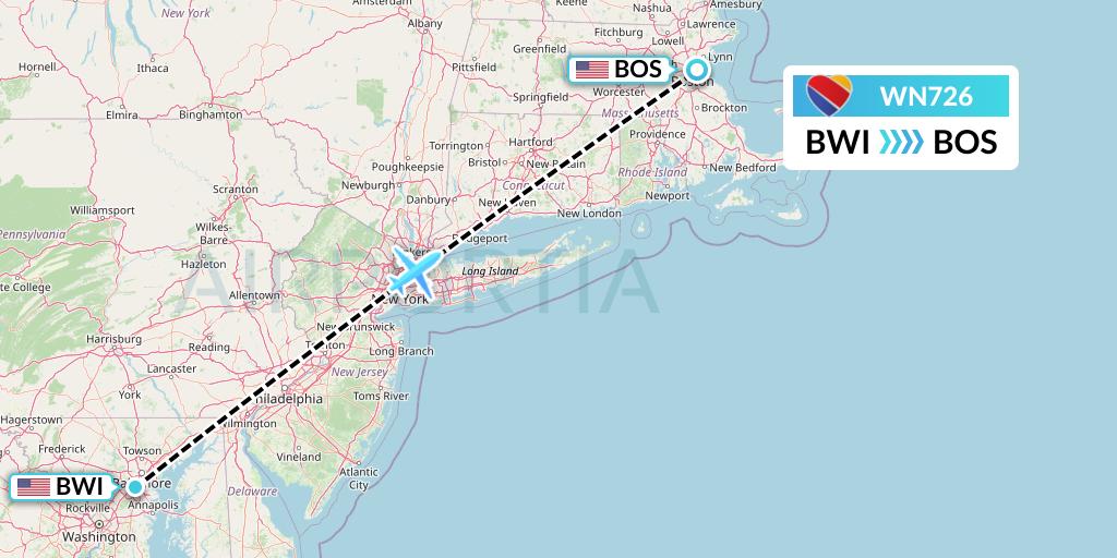WN726 Southwest Airlines Flight Map: Baltimore to Boston