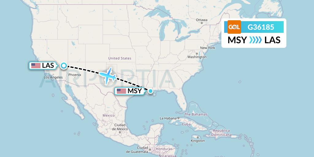 G36185 GOL Transportes Aeros Flight Map: New Orleans to Las Vegas