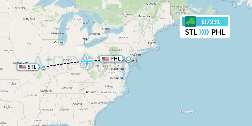 EI7231 Aer Lingus Flight Map: St. Louis to Philadelphia