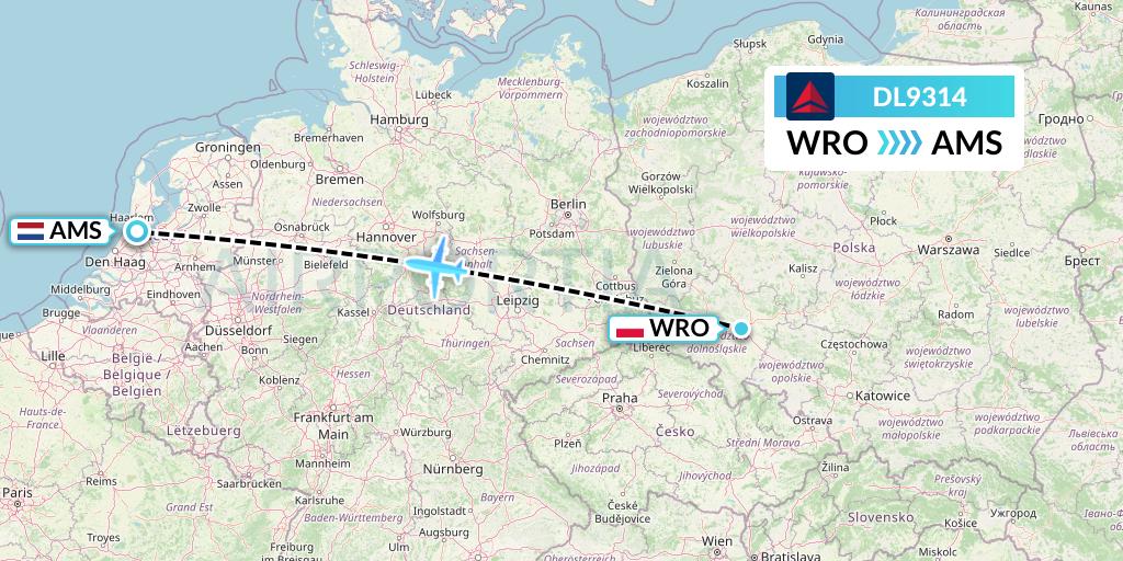 DL9314 Delta Air Lines Flight Map: Wroclaw to Amsterdam