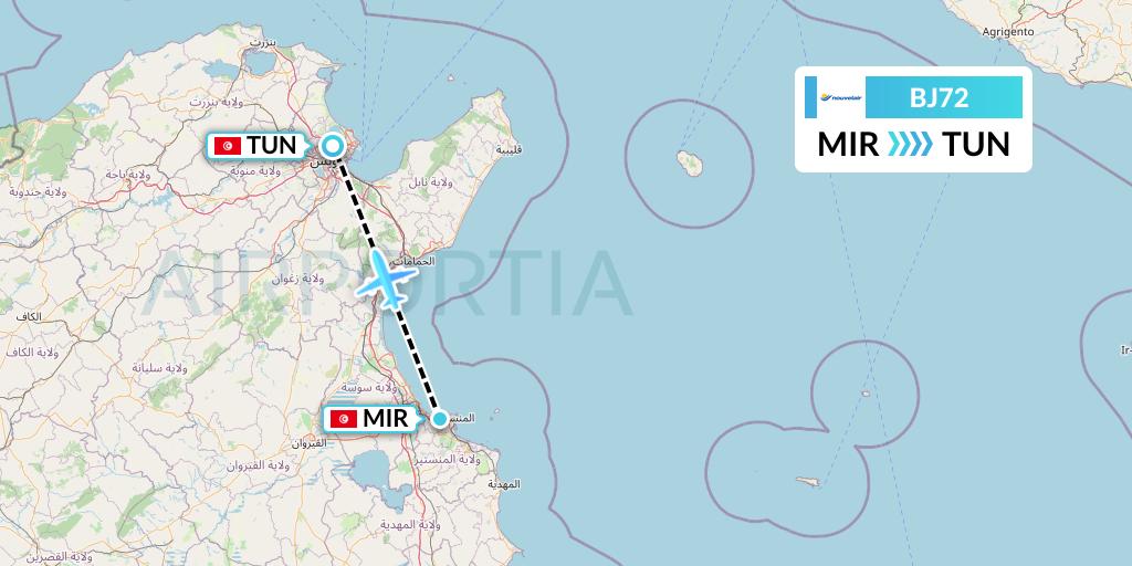 BJ72 Nouvelair Tunisie Flight Map: Monastir to Tunis