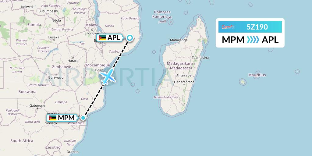 5Z190 CemAir Flight Map: Maputo to Nampula