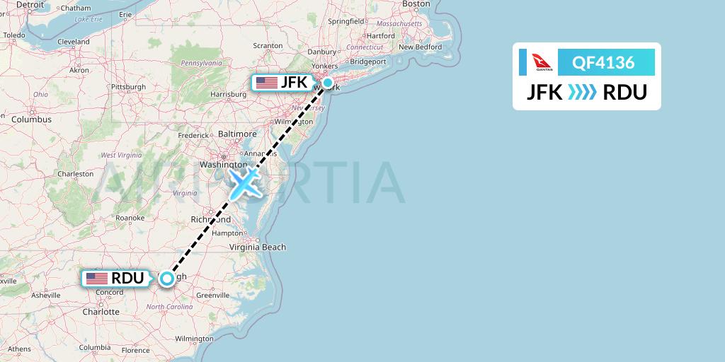 QF4136 Qantas Flight Map: New York to Raleigh-Durham