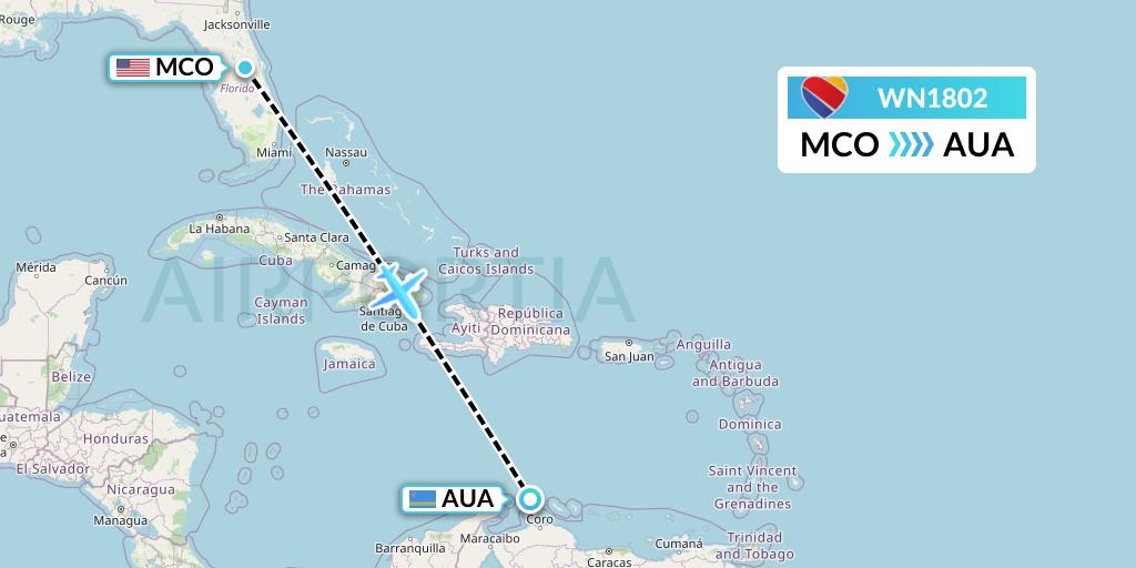 WN1802 Southwest Airlines Flight Map: Orlando to Oranjestad