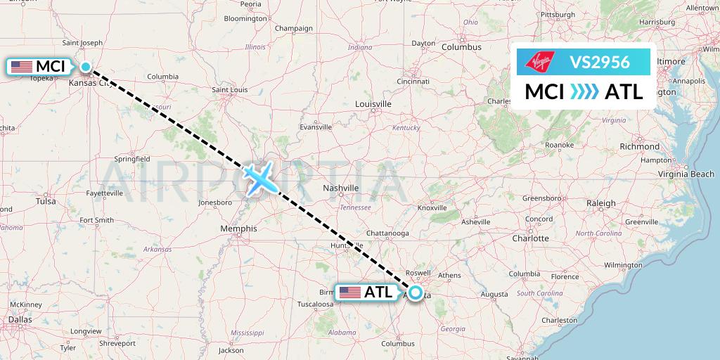 VS2956 Virgin Atlantic Airways Flight Map: Kansas City to Atlanta