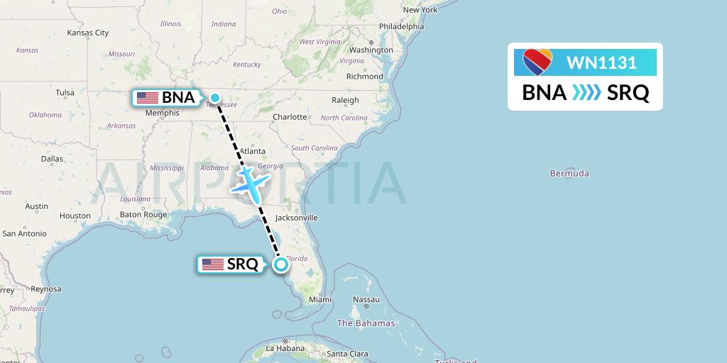 WN1131 Southwest Airlines Flight Map: Nashville to Sarasota