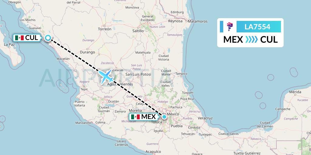 LA7554 LAN Airlines Flight Map: Mexico City to Culiacan