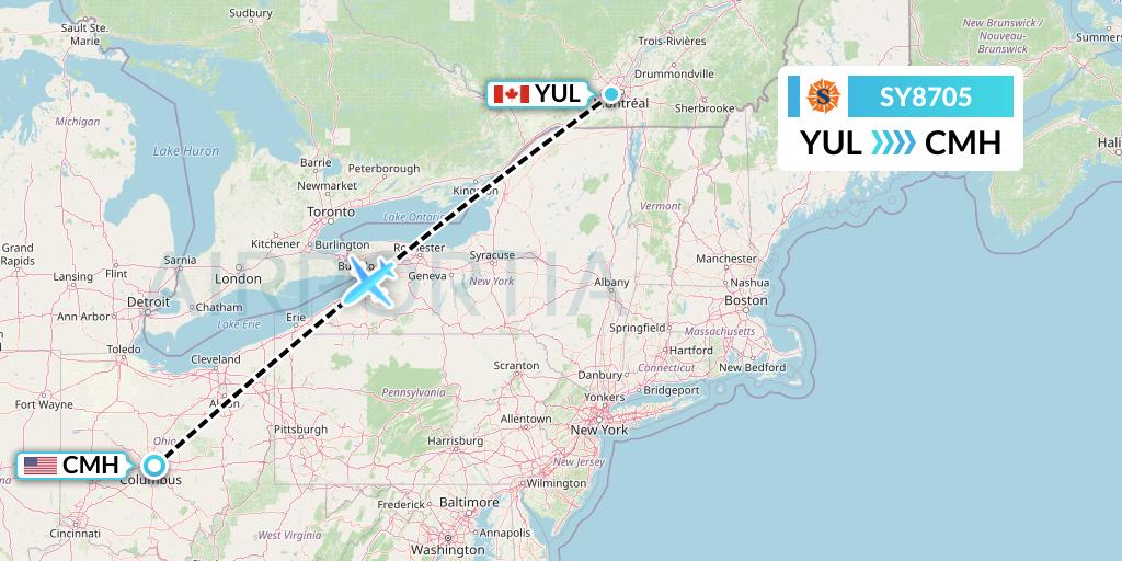 SY8705 Sun Country Airlines Flight Map: Montreal to Columbus