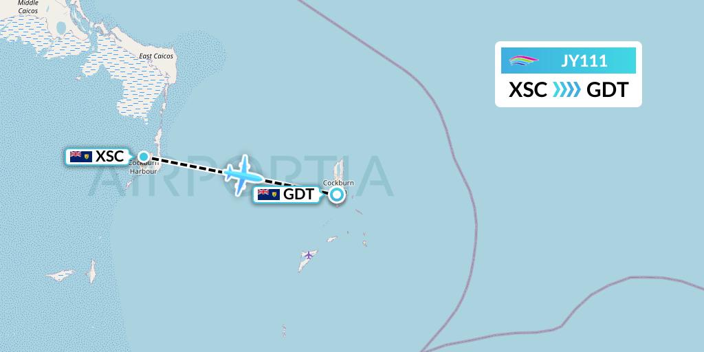 JY111 InterCaribbean Airways Flight Map: Turks and Caicos Islands to Cockburn Town
