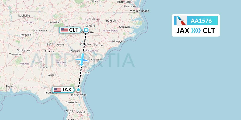 AA1576 American Airlines Flight Map: Jacksonville to Charlotte