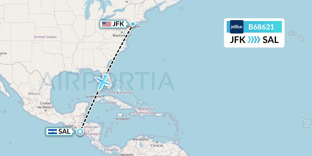 B68621 JetBlue Airways Flight Map: New York to San Salvador