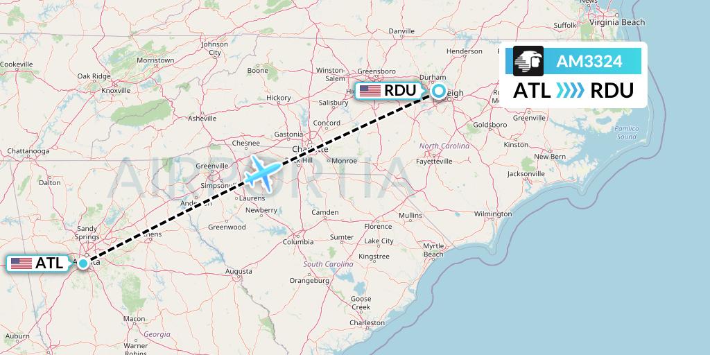 AM3324 Aeromexico Flight Map: Atlanta to Raleigh-Durham