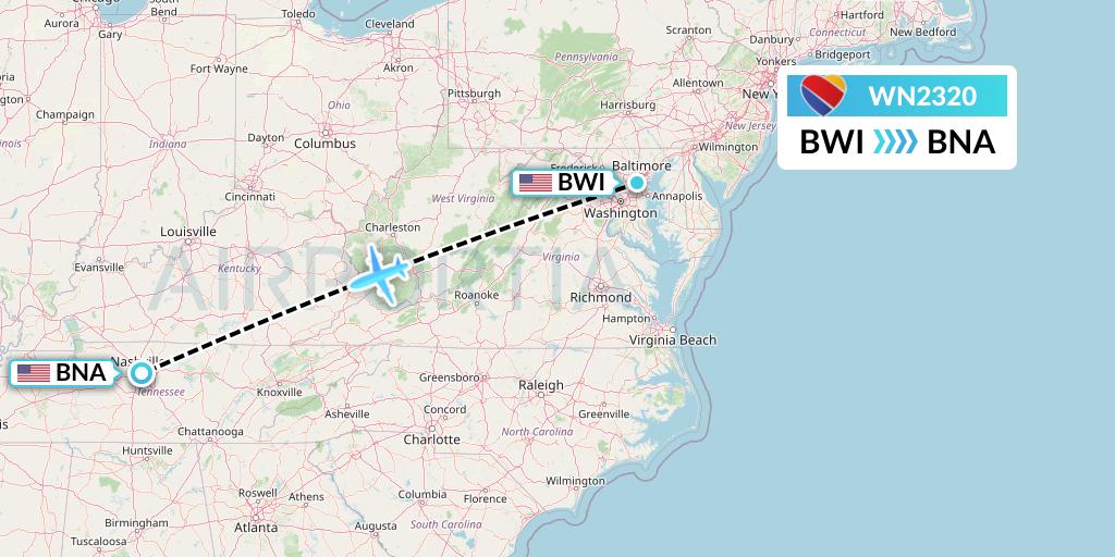 WN2320 Southwest Airlines Flight Map: Baltimore to Nashville