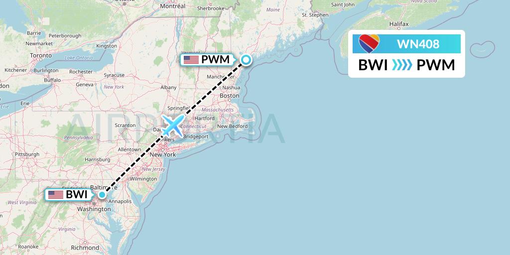 WN408 Southwest Airlines Flight Map: Baltimore to Portland