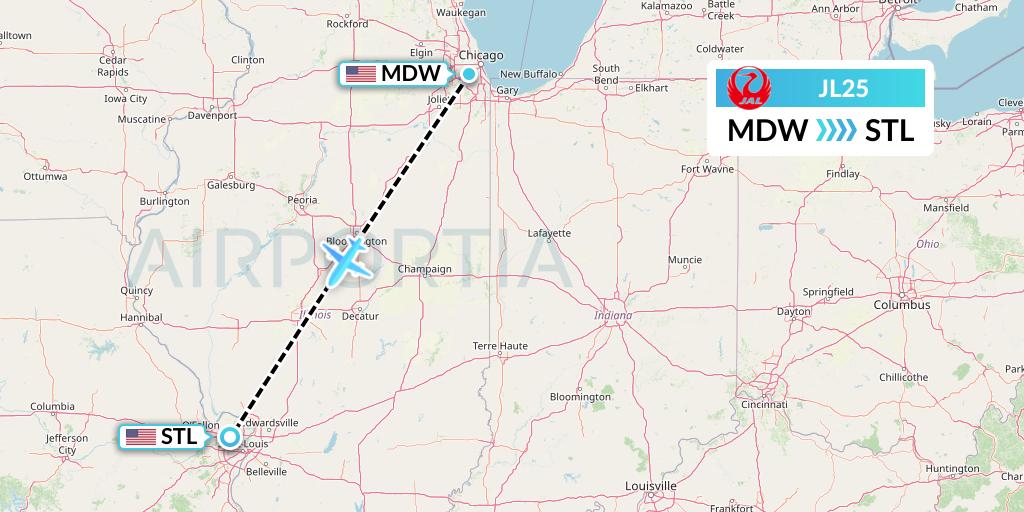 JL25 Japan Airlines Flight Map: Chicago to St. Louis