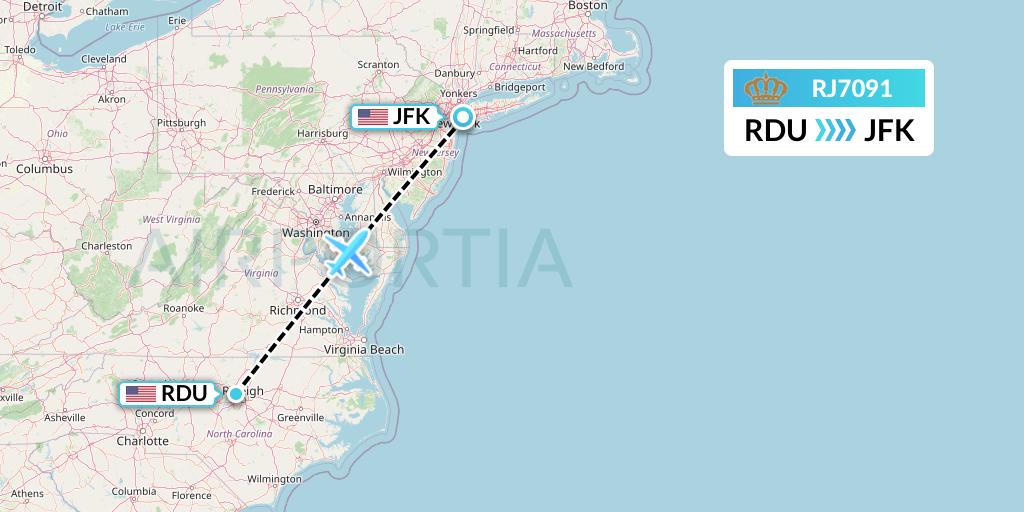 RJ7091 Royal Jordanian Flight Map: Raleigh-Durham to New York