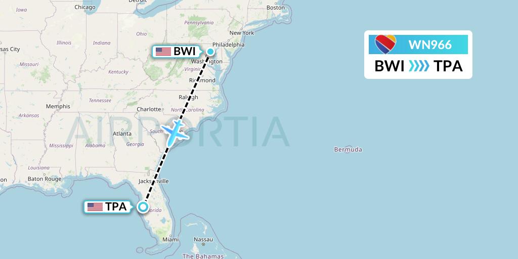 WN966 Southwest Airlines Flight Map: Baltimore to Tampa