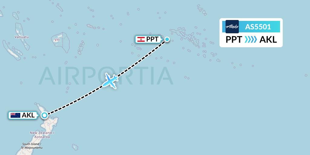 AS5501 Alaska Airlines Flight Map: Papeete to Auckland