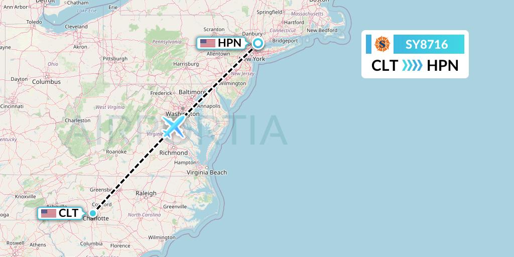 SY8716 Sun Country Airlines Flight Map: Charlotte to White Plains