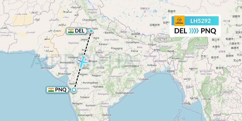 LH5292 Lufthansa Flight Map: Delhi to Pune