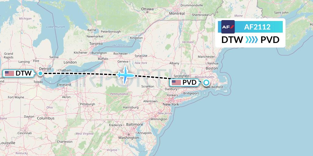 AF2112 Air France Flight Map: Detroit to Providence