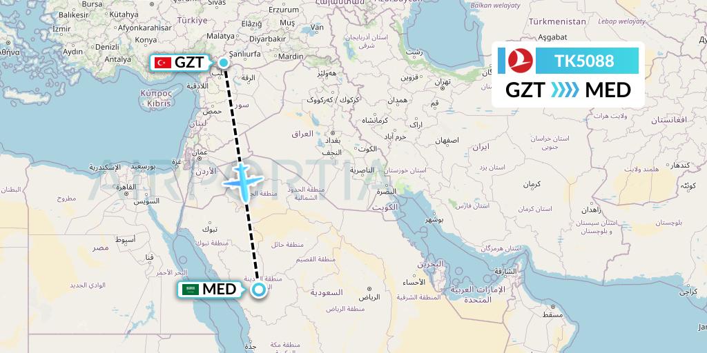 TK5088 Turkish Airlines Flight Map: Gaziantep to Medina