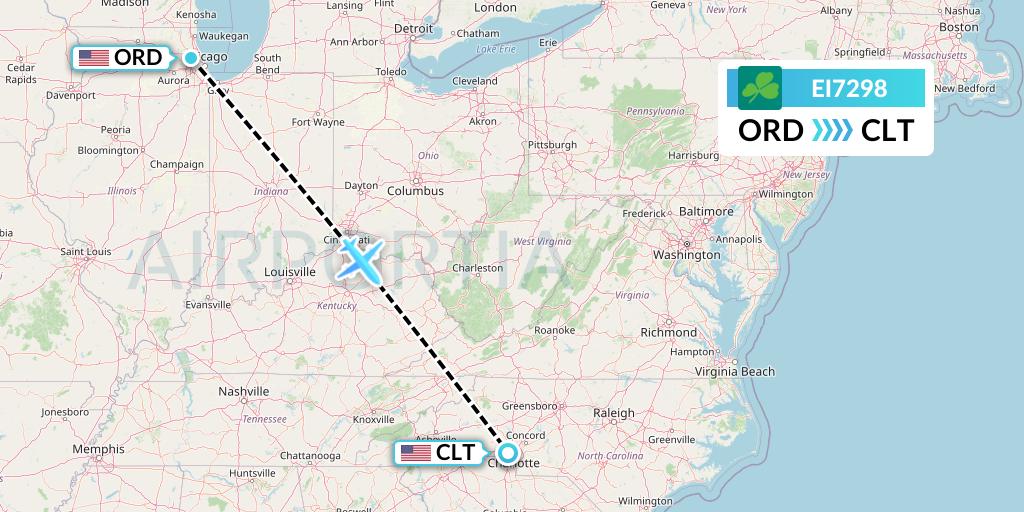EI7298 Aer Lingus Flight Map: Chicago to Charlotte