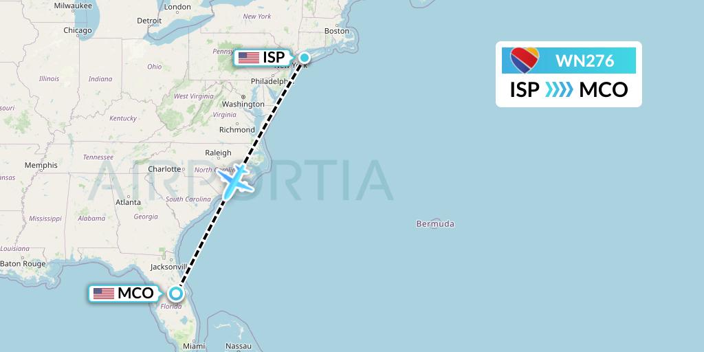 WN276 Southwest Airlines Flight Map: Islip to Orlando