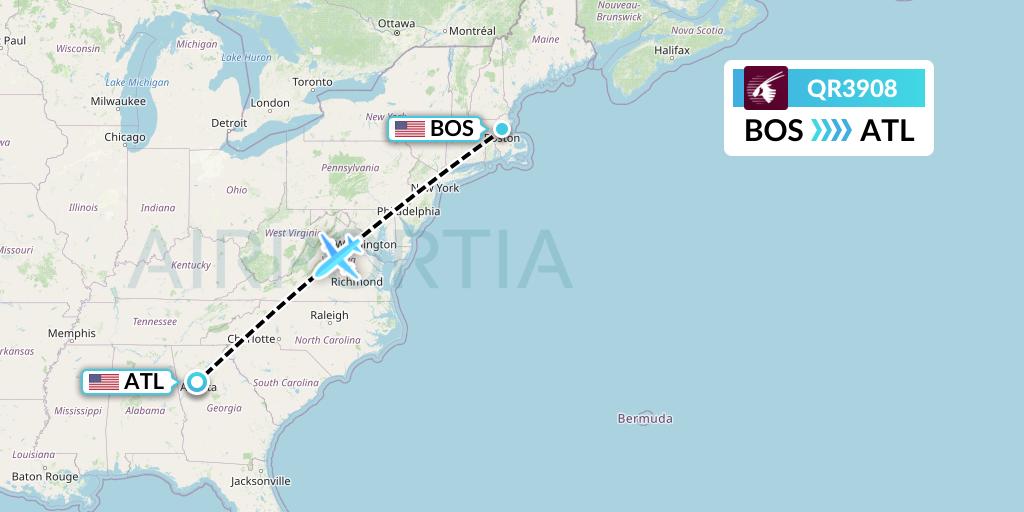 QR3908 Qatar Airways Flight Map: Boston to Atlanta
