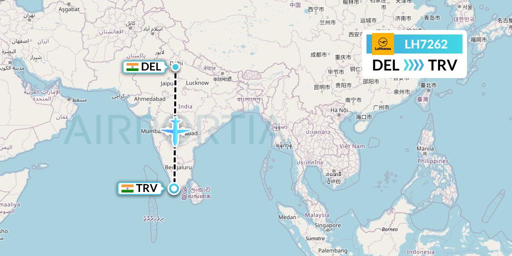 LH7262 Lufthansa Flight Map: Delhi to Thiruvananthapuram