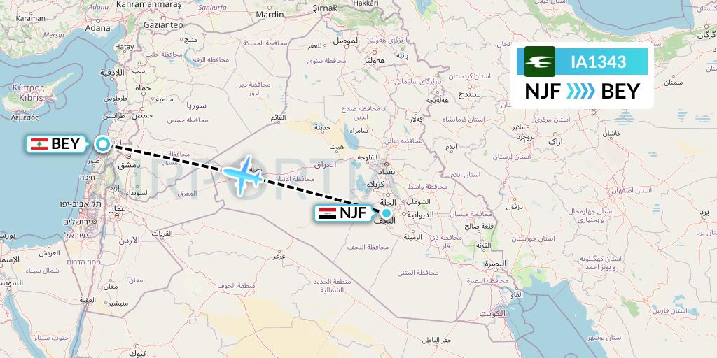 IA1343 Iraqi Airways Flight Map: Najaf to Beirut