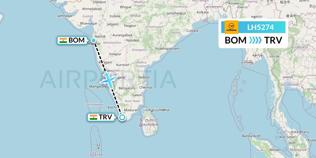 LH5274 Lufthansa Flight Map: Mumbai to Thiruvananthapuram
