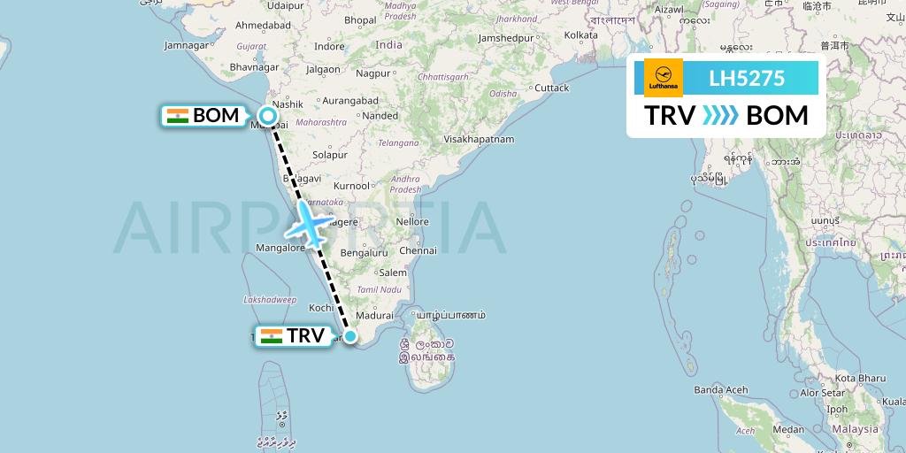 LH5275 Lufthansa Flight Map: Thiruvananthapuram to Mumbai