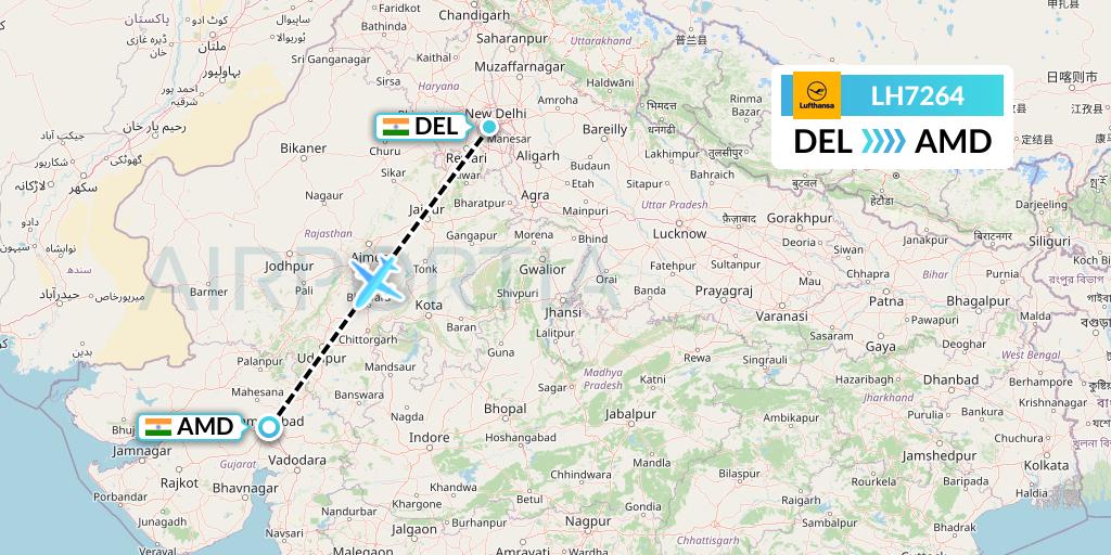 LH7264 Lufthansa Flight Map: Delhi to Ahmedabad