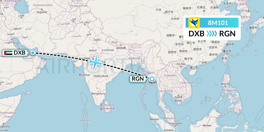 8M101 Myanmar Airways International Flight Map: Dubai to Yangon
