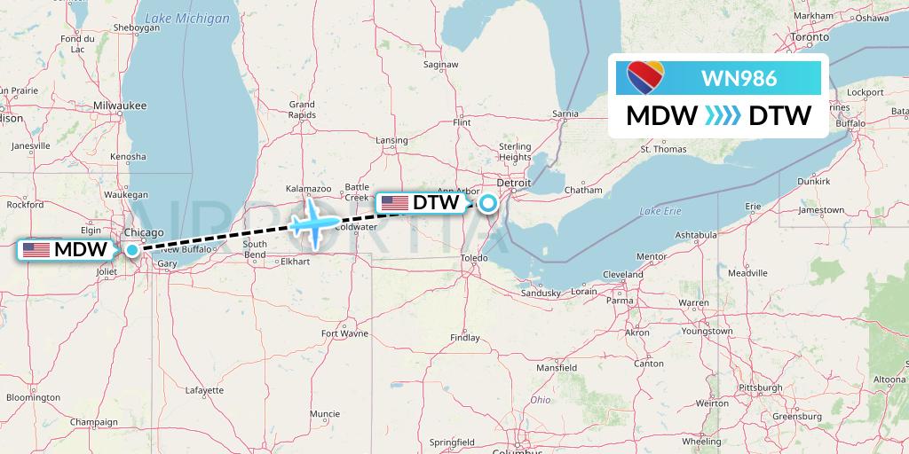 WN986 Southwest Airlines Flight Map: Chicago to Detroit