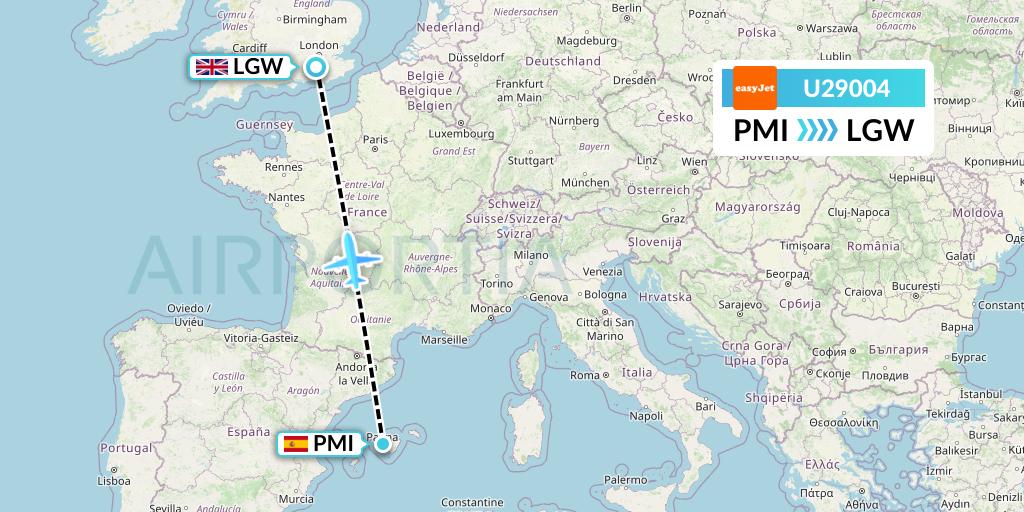 U29004 EasyJet Flight Map: Palma de Mallorca to London