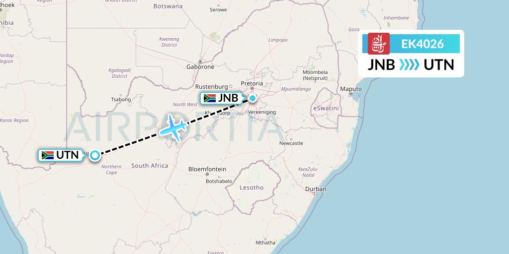 EK4026 Emirates Flight Map: Johannesburg to Upington