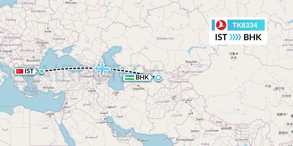 TK8334 Turkish Airlines Flight Map: Istanbul to Bukhara