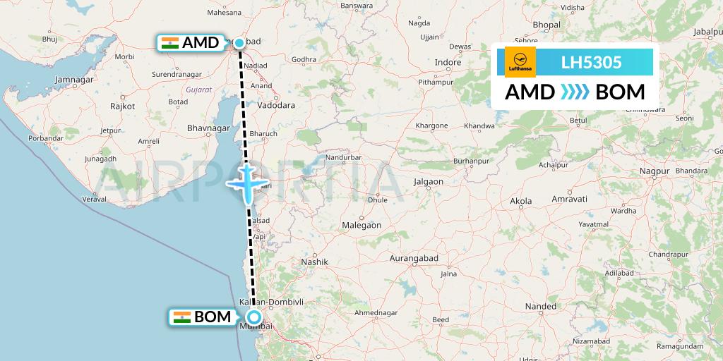 LH5305 Lufthansa Flight Map: Ahmedabad to Mumbai