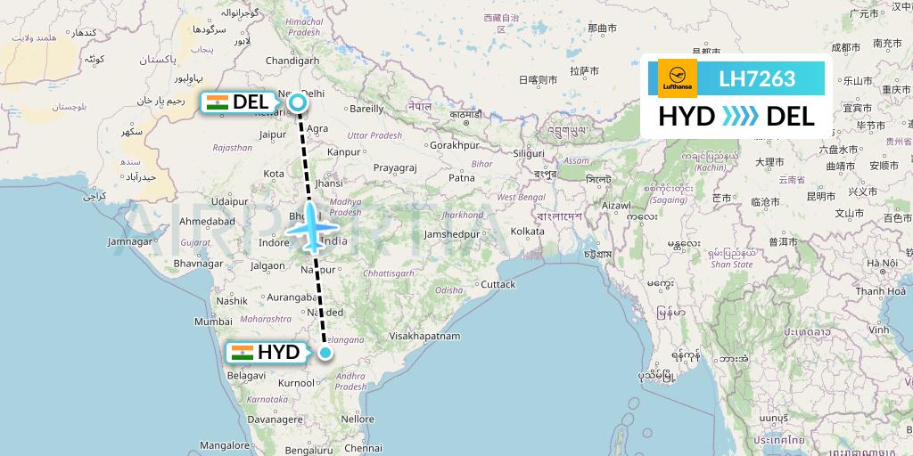 LH7263 Lufthansa Flight Map: Hyderabad to Delhi