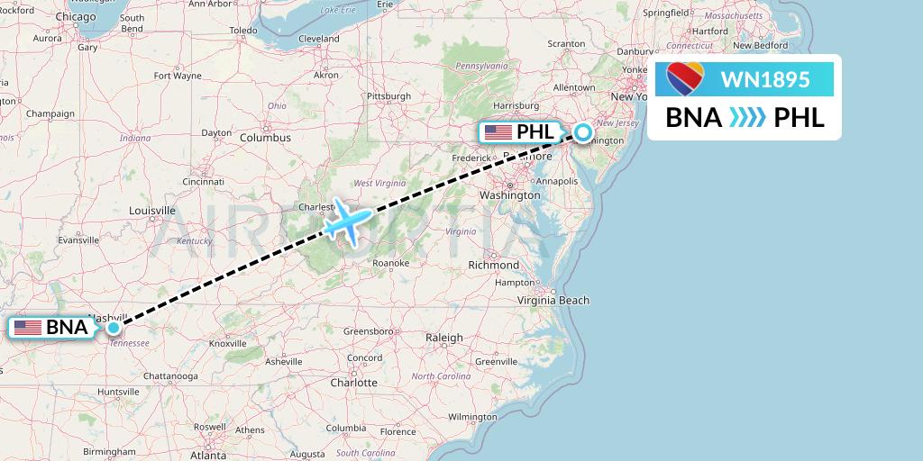 WN1895 Southwest Airlines Flight Map: Nashville to Philadelphia