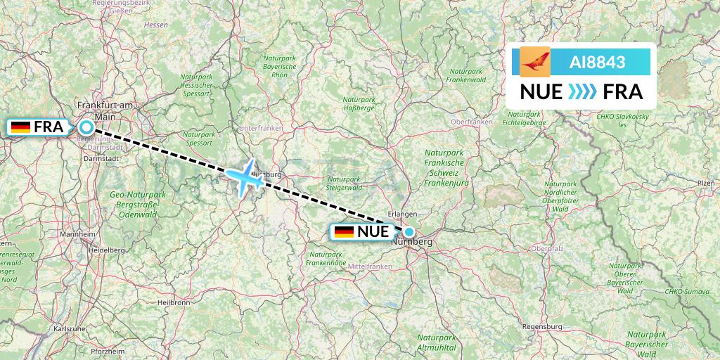 AI8843 Air India Flight Map: Nurnberg to Frankfurt