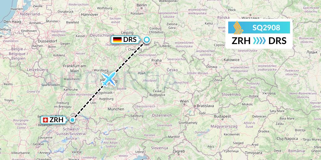 SQ2908 Singapore Airlines Flight Map: Zurich to Dresden