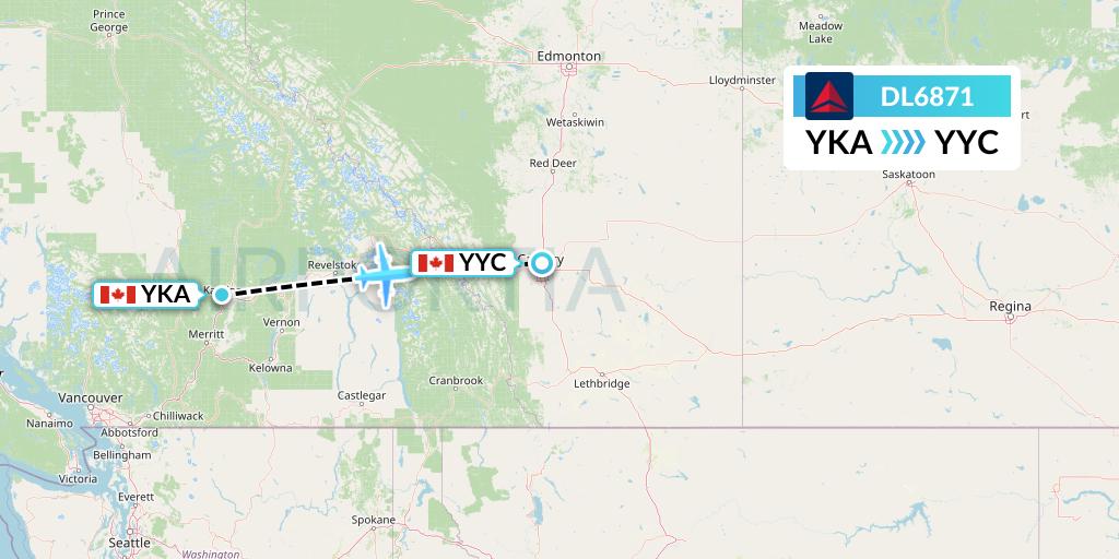 DL6871 Delta Air Lines Flight Map: Kamloops to Calgary